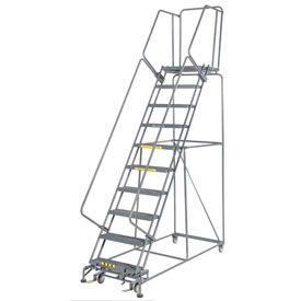 Grip 24""W 10 Step Steel Rolling Ladder 21""D Top Step W/Cal OSHA Handrail