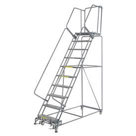 Perforated 24""W 10 Step Steel Rolling Ladder 21""D Top Step W/Cal OSHA Handrail