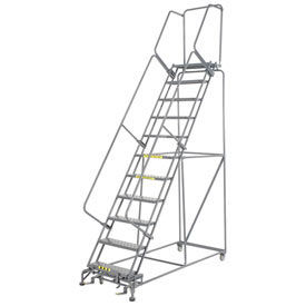 Perforated 24""W 11 Step Steel Rolling Ladder 14""D Top Step W/Cal OSHA Handrail