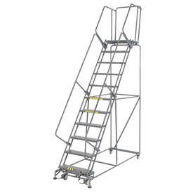 Perforated 24""W 11 Step Steel Rolling Ladder 21""D Top Step W/Cal OSHA Handrail