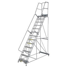 Perforated 24""W 13 Step Steel Rolling Ladder 21""D Top Step W/Cal OSHA Handrail