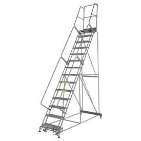 Grip 24""W 14 Step Steel Rolling Ladder 14""D Top Step W/Cal OSHA Handrail