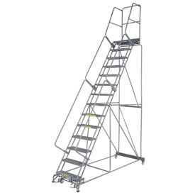 Grip 24""W 14 Step Steel Rolling Ladder 21""D Top Step W/Cal OSHA Handrail