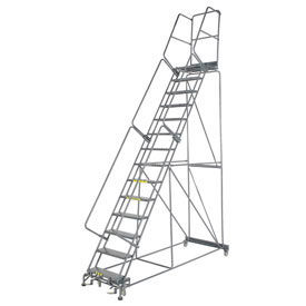 Perforated 24""W 14 Step Steel Rolling Ladder 21""D Top Step W/Cal OSHA Handrail