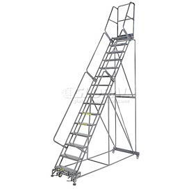 Perforated 24""W 15 Step Steel Rolling Ladder 14""D Top Step W/Cal OSHA Handrail