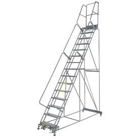 Perforated 24""W 15 Step Steel Rolling Ladder 21""D Top Step W/Cal OSHA Handrail