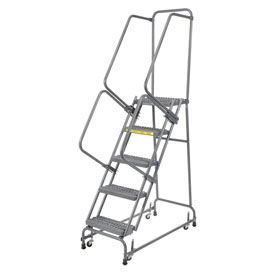 Grip 16""W 5 Step Steel Rolling Ladder 14""D Top Step W/Cal OSHA Handrail