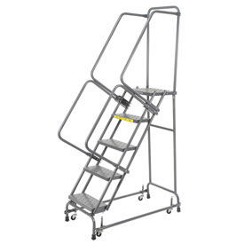 Perforated 16""W 5 Step Steel Rolling Ladder 14""D Top Step W/Cal OSHA Handrail
