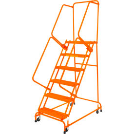 Grip 24""W 6 Step Steel Rolling Ladder 21""D Top Step W/ Handrails Lock Step - Orange - FS063021G-O