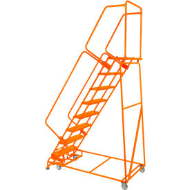 Perforated 24""W 7 Step Steel Rolling Ladder 14""D Top Step W/Handrails Lock Step Orange - FS073014P-O