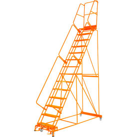 Grip 24""W 13 Step Steel Rolling Ladder 14""D Top Step W/ Handrail Lock Step - Orange - FS134014G-O