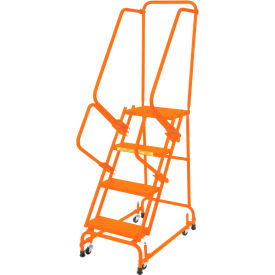 Grip 16""W 4 Step Steel Rolling Ladder 14""D Top Step W/ Handrails - Orange - FSH418G-O