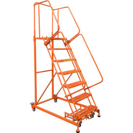 6 Step Orange Extra Heavy Duty Steel Rolling Ladder - Perforated Tread - ML063221P-O