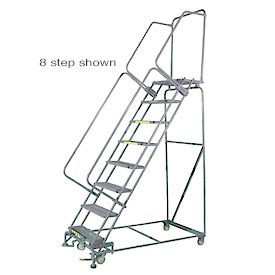 5 Step Stainless Steel Rolling Safety Ladder 16""W x 28""D Top Step - Serrated Grating - SS052428G