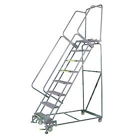 8 Step Stainless Steel Rolling Safety Ladder 16""W x 21""D Top Step - Perforated Tread - SS082421P