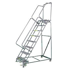 8 Step Stainless Steel Rolling Safety Ladder 16""W x 28""D Top Step - Serrated Grating - SS082428G