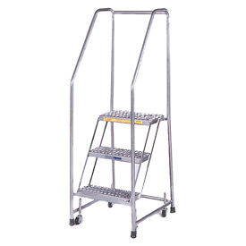 Ballymore Co Inc SS320G 3 Step 16"W Stainless Steel Rolling Ladder W/ Rails - Heavy Duty Serrated Grating - SS320G image.
