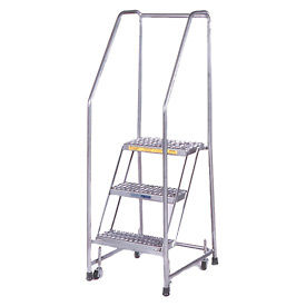 3 Step 16""W Stainless Steel Rolling Ladder W/ Rails - Perforated Tread - SS320P