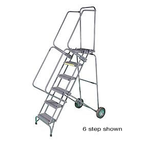 5 Step 16""W Stainless Steel Fold and Store Rolling Ladder - Heavy Duty Serrated Grating - SSFAWL-5G