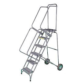 Ballymore Co Inc SSFAWL-6G 6 Step 16"W Stainless Steel Fold and Store Rolling Ladder - Heavy Duty Serrated Grating - SSFAWL-6G image.
