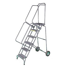 Ballymore Co Inc SSFAWL-6P 6 Step 16"W Stainless Steel Fold and Store Rolling Ladder - Perforated Tread - SSFAWL-6P image.