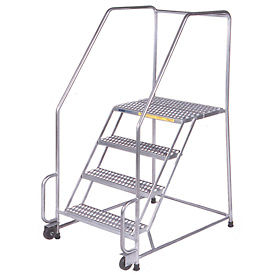 Ballymore Co Inc SSTR420G 4 Step 16"W Stainless Steel Tilt and Roll Ladder - Heavy Duty Serrated Grating - SSTR420G image.