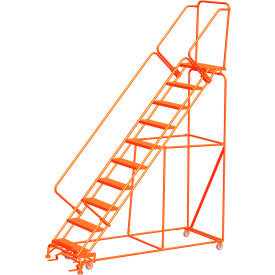 11 Step 24""W Steel Safety Angle Orange Rolling Ladder W/ Handrails Serrated Tread - SW1132G-O