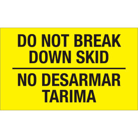 Decker Tape Products DL3035 Bilingual Labels w/ "Do Not Break Down Skid" Print, 3"L x 5"W, Fluorescent Yellow, Roll of 500 image.