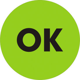 1" Dia. Round Paper Labels with "OK" Print, Fluorescent Green, Roll of 500 view 2