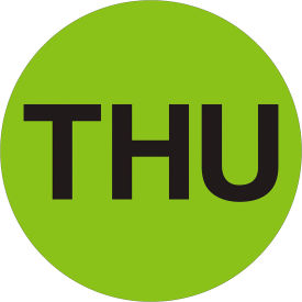 2" Dia. Round Paper Labels with "Thu" Print, Fluorescent Green, Roll of 500 view 2