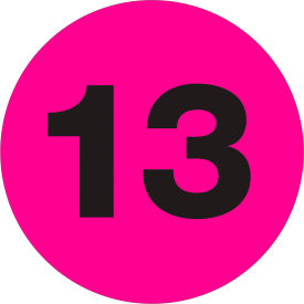 2" Dia. Round Number Paper Labels with "13" Print, Fluorescent Pink, Roll of 500 view 2