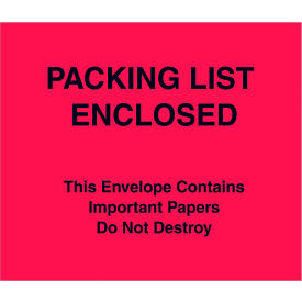Box Packaging Inc PL483 Full Face Envelopes, "Packing List Enclosed" Print, 6"L x 7"W, Red, 1000/Pack image.