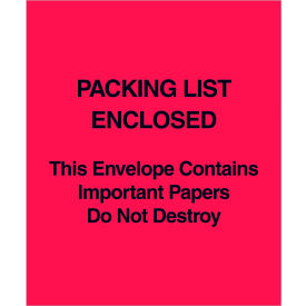 Box Packaging Inc PL485 Full Face Envelopes, "Packing List Enclosed" Print, 6"L x 5"W, Red, 1000/Pack image.