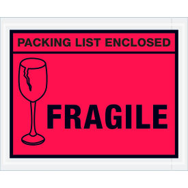 Box Packaging Inc PL493 Full Face Envelopes, "Packing List Enclosed-Fragile" Print, 5-1/2"L x 4-1/2"W, Red, 1000/Pack image.