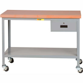 Little Giant WTS-2448-3R-DR Little Giant® Mobile Butcher Block Top Table, 48 x 24", 2 Shelves, Drawer image.