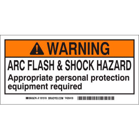 Brady Worldwide Inc 101517 Brady® 101517 Arc Flash Labels, Warning Arc Flash & Shock Hazzard, 2" X 4", Black/Orange/White image.