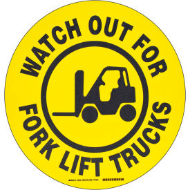 Brady Worldwide Inc 104501 Brady® 104501 Floor Watch Out For Fork Lift Trucks Sign, Yellow/Black, Polyester, 17"Dia image.