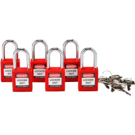 Brady Worldwide Inc 105890 Brady® 105890 Lockout Padlock, Keyed Alike, 1-1/2", Plastic Covered Steel, Red, 6/Pack image.