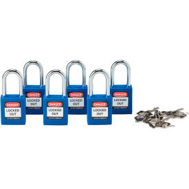 Brady 150891 Safety Padlock With Label, Keyed Alike, Blue, Plastic Covered Steel, 6/Pack