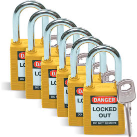 Brady Worldwide Inc 105892 Brady® 105892 Lockout Padlock, Keyed Alike, 1-1/2", Plastic Covered Steel, Yellow, 6/Pack image.