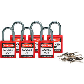 Brady Worldwide Inc 118926 Brady® 118926 Compact Safety Padlock With Label, Aluminum Shackle, Red, 6/Pack image.