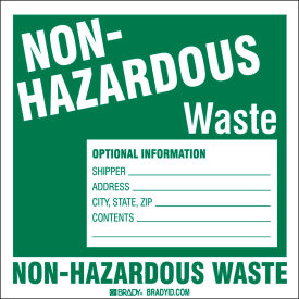 Brady Worldwide Inc 121159 Brady® Hazardous Waste Vinyl Label, Non-Hazardous Waste, 6" H X 6" W, Grn/Wht, 50 Pk, 121159 image.