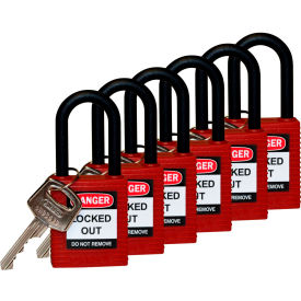 Brady 123351 Safety Padlock With Label, Keyed Differently, Nylon Shackle, Nylon, Red, 6/Pack