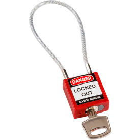 Brady Worldwide Inc 146120 Brady® 146120 Cable Safety Padlock With Label, 4-3/16"H Clearance Steel Cable, Red image.