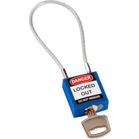 Brady Worldwide Inc 146122 Brady® 146122 Cable Safety Padlock With Label, 4-3/16"H Clearance Steel Cable, Blue image.
