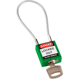 Brady Worldwide Inc 146123 Brady® 146123 Cable Safety Padlock With Label, 4-3/16"H Clearance Steel Cable, Green image.