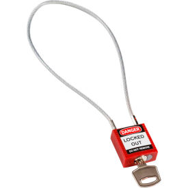 Brady Worldwide Inc 146124 Brady® 146124 Cable Safety Padlock With Label, 8"H Clearance Steel Cable, Red image.