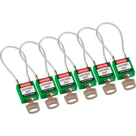 Brady Worldwide Inc 146131 Brady® 146131 Cable Safety Padlocks, Keyed Alike, 4-3/16"H Steel Cable, Green, 6/Pack image.