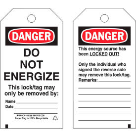 Brady Worldwide Inc 50258 Brady® 50258 Lockout Tag- Danger Do Not Energize, 2 Sided, HD Polyester, 25/Pack image.