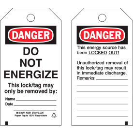 Brady 50261 Lockout Tag- Danger Do Not Energize, 2 Sided, Cardstock, 4